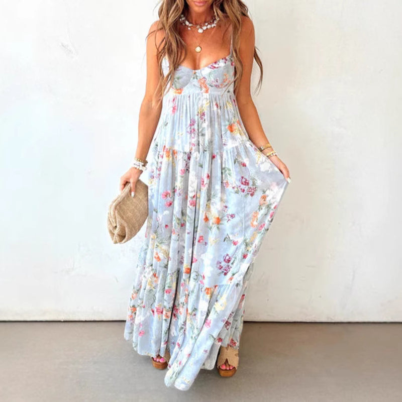 European and American Printed Sleeveless Backless Elegant Sling Dress