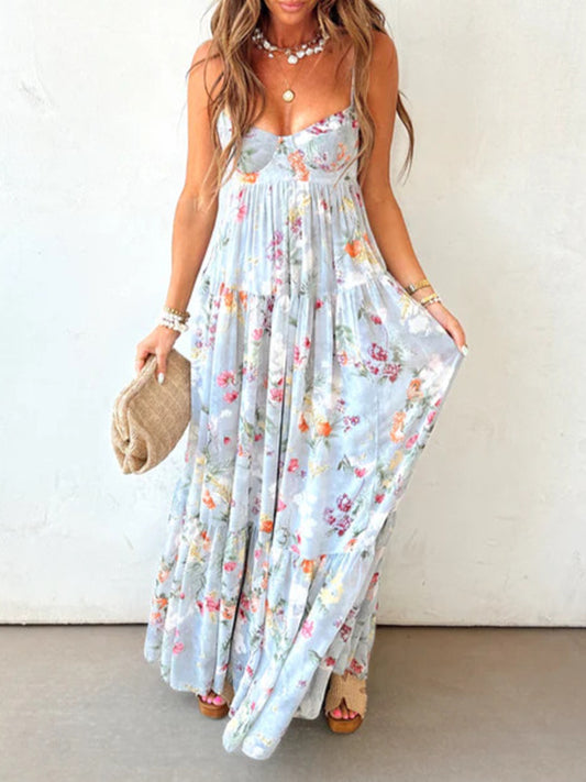 European and American Printed Sleeveless Backless Elegant Sling Dress