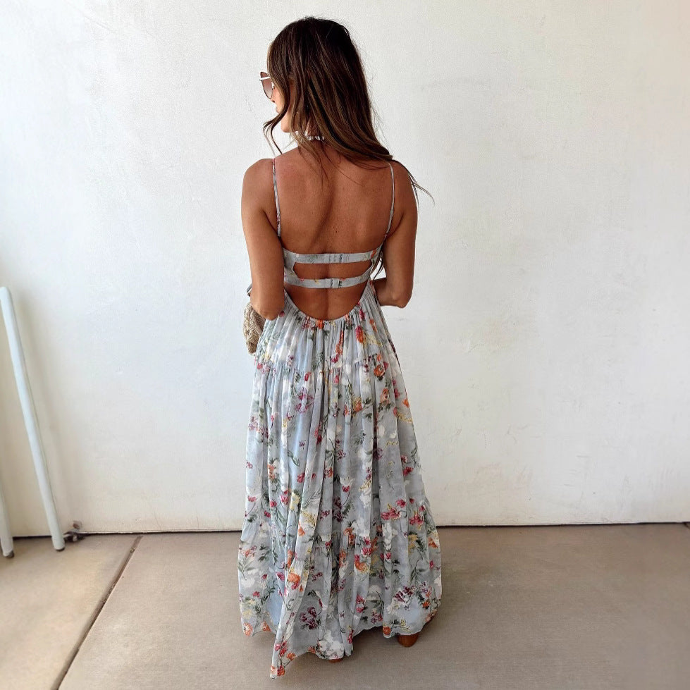 European and American Printed Sleeveless Backless Elegant Sling Dress