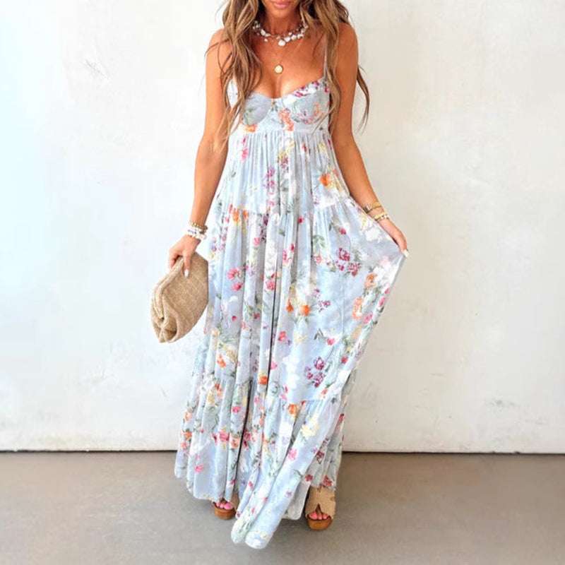 European and American Printed Sleeveless Backless Elegant Sling Dress